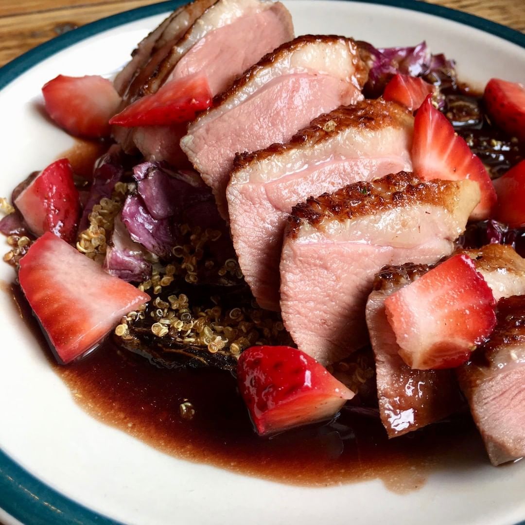 Duck breast, flamed radicchio, toasted quinoa, red wine jus, strawberries. #corkagebath #corkage #batheats